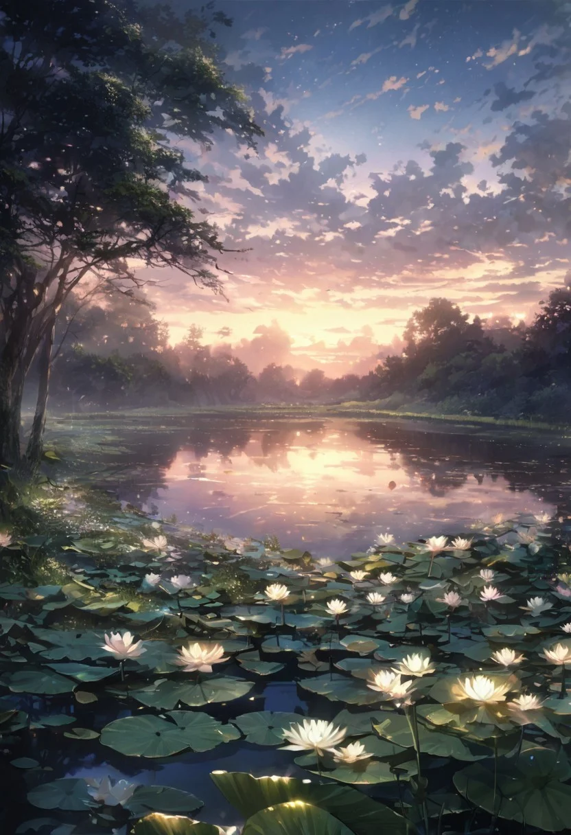 detailed background,( Calm spring night landscape), amongst lush greenery, beautiful view, Water lilies in full bloom, Water lilies, Unexplored, early morning, sunrise sky, beautiful clouds, dappled sunlight, beautiful, Tranquil Lake, Walkway, petals dancing in the wind, depth of field, masterpiece, best quality, ultra-detailed, very aesthetic, illustration, perfect composition, intricate details, absurdres, moody lighting, wisps of light, no humans,