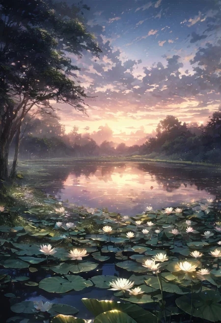 detailed background,( Calm spring night landscape), amongst lush greenery, beautiful view, Water lilies in full bloom, Water lilies, Unexplored, early morning, sunrise sky, beautiful clouds, dappled sunlight, beautiful, Tranquil Lake, Walkway, petals dancing in the wind, depth of field, masterpiece, best quality, ultra-detailed, very aesthetic, illustration, perfect composition, intricate details, absurdres, moody lighting, wisps of light, no humans,