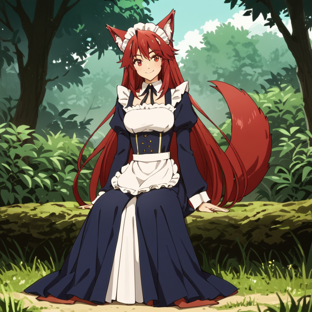 score_9, score_8_up, score_7_up, score_6_up, score_5_up, score_4_up, source_anime,  Flay, very long hair, maid, red hair, red eyes, wolf tail, wolf ears,  smile, sitting