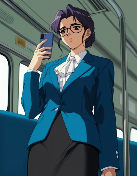 score_9, score_8_up, score_7_up, <lora:shuusaku-ova-ponyxl-000006:1> ayka, glasses, blue jacket, white ascot, skirt suit, collared shirt, pencil skirt, black skirt, pantyhose
1girl, solo, smartphone, looking at phone, looking down, sigh, train interior, sunset