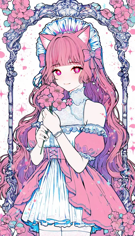 masterpiece, best quality, good quality, very awa, very aesthetic, absurdres, newest,1girl,solo,flower, holding, holding flower,light smile, lace,upper body,dress,bangs,looking at viewer,bare shoulders,smile,sleeveless,traditional media,white dress,lace trim,pink flower,own hands together,closed mouth,,Nyarutoru, pink skirt,white skirt, white thighhighs,dress, cat ears, animal ear fluff, pink eyes, heart,heart-shaped pupils, maid headdress, hair bow,