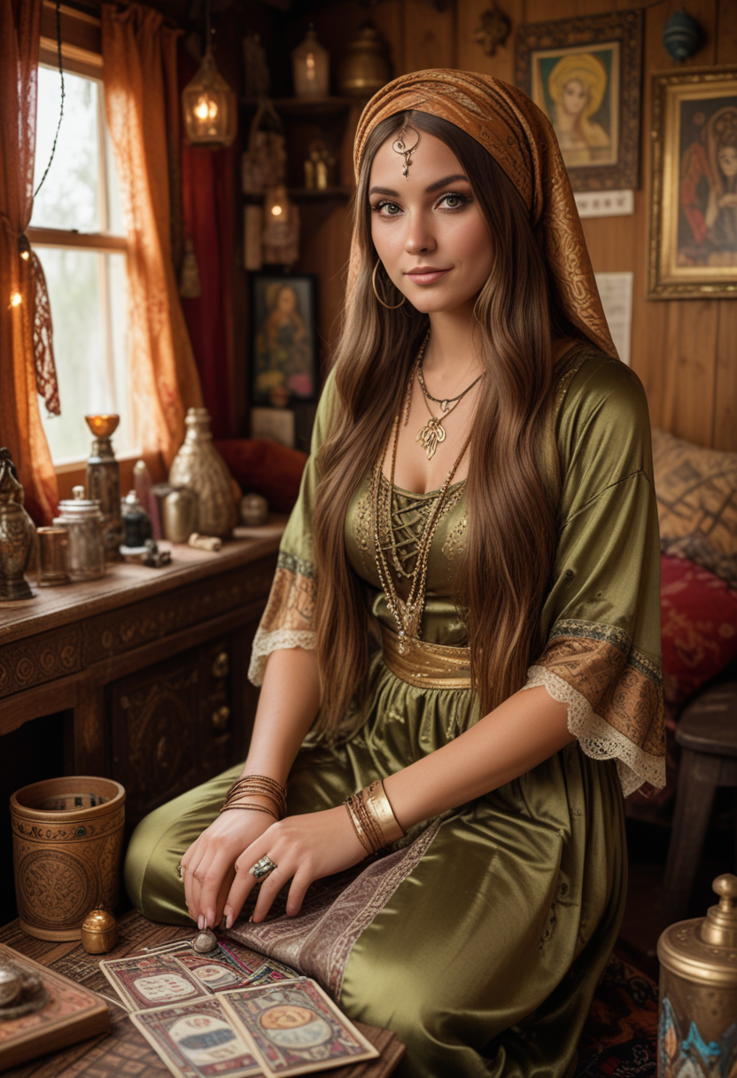 (medium full shot) of (otherworldly fortune teller) young woman, british, tan skin, olive green eyes, voluptuous build, long brown hime cut hair, wearing a silk headscarf , gold gypsy dress with enchanting patterns, lace-up boots, bold eyeliner, tarot cards, bangles,  set in  a rustic gypsy caravan, with wooden interiors, eclectic decor, colorful drapes, magical ambiance, during twilight, woman smiling, Masterpiece,best quality, photo, realistic, very aesthetic, detailed face,