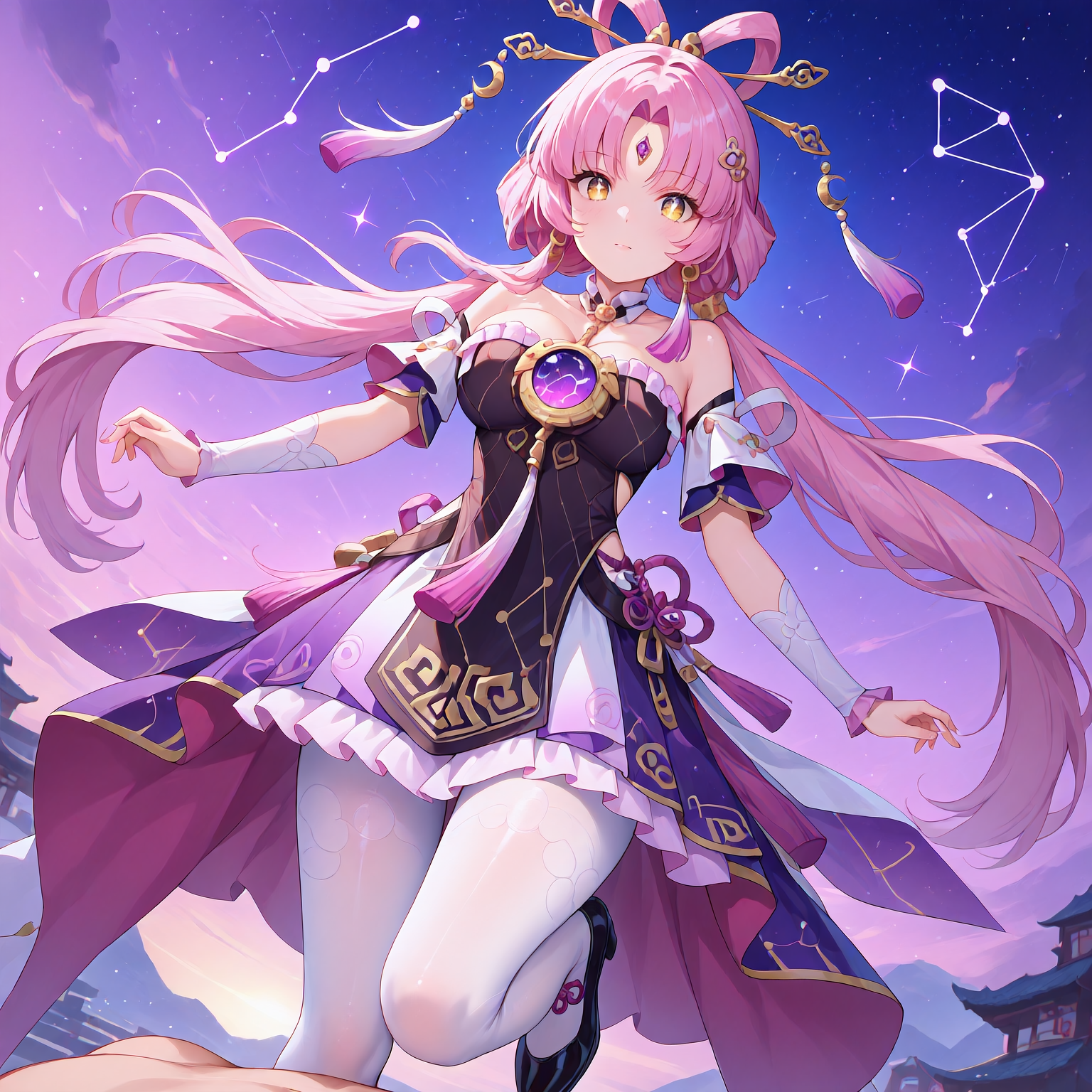 (masterpiece, best quality,pov,from below:1.4),highres,illustration,8k,(looking at viewer, collarbone),(hyper-detailed,digital painting,trending on ArtStation,shiny_eyes,sparkling_eyes, foot on another's body:1.2),
Fuxuan,1girl,forehead jewel,white pantyhose,solo,pantyhose,pink hair,long hair,twintails,bare shoulders,hair ornament,low twintails,black footwear,detached sleeves,parted bangs,tassel,yellow eyes,dress,hair stick,bow-shaped hair,constellation print,very long hair,black dress,hair rings,tassel hair ornament,jewelry,
cleavage,large breasts,bouncing breasts,outdoors,<lora:aidmaImageUpgrader-v0.3-IL:0.6>,<lora:Fuxuan(IL):0.85>,