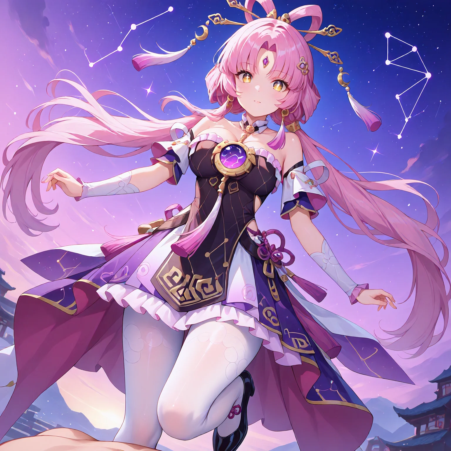 (masterpiece, best quality,pov,from below:1.4),highres,illustration,8k,(looking at viewer, collarbone),(hyper-detailed,digital painting,trending on ArtStation,shiny_eyes,sparkling_eyes, foot on another's body:1.2),
Fuxuan,1girl,forehead jewel,white pantyhose,solo,pantyhose,pink hair,long hair,twintails,bare shoulders,hair ornament,low twintails,black footwear,detached sleeves,parted bangs,tassel,yellow eyes,dress,hair stick,bow-shaped hair,constellation print,very long hair,black dress,hair rings,tassel hair ornament,jewelry,
cleavage,large breasts,bouncing breasts,outdoors,<lora:aidmaImageUpgrader-v0.3-IL:0.6>,<lora:Fuxuan(IL):0.85>,