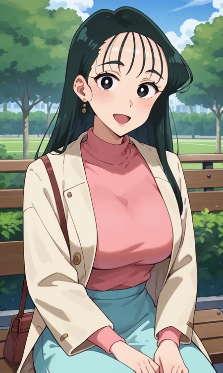 (1girl:1.5), (solo:1.3), (score_9, score_8_up, score_7_up, score_6_up, score_5_up, score_4_up), (source_anime), rating_questionable, looking at viewer, (upper body:1.3), smile, open mouth, outdoors, blue sky, park, sitting, bench,
<lora:ohara-nanako_v2:0.8> (ohara-nanako), (black eyes, eyebrows, green hair, long hair, hair slicked back, wispy bangs, receding hairline), (large breasts, wide hips, thick thighs),
(beige coat, open clothes, pink sweater, light blue skirt, brown handbag)