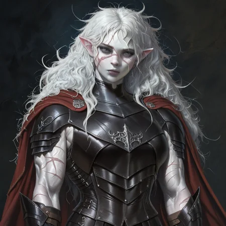 masterpiece, best quality, newest, absurdres, highres, DFAV1.5, 1girl, pale, white skin, colored skin, pale skin, elf, pointy ears, muscular woman, armor, cape, leather armor, scar, scars on face, white hair, long hair, messy hair, black armor, black leather,
