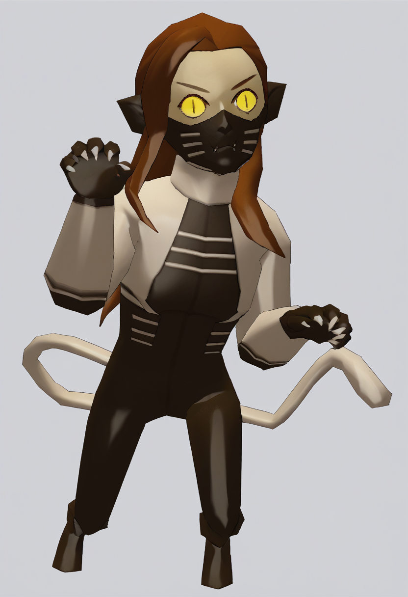 score_9, score_8_up, score_7_up, source_anime, 1girl, paw pose, <lora:zs_WindWakerStyleXL:1> windwakerstyle, 3d, full body, white background, <lora:zs_NekomataXL:1> nekomatasmt, brown hair, long hair, yellow eyes, slit eyes, cat tail, animal ears, claws, face mask, bodysuit, bolero