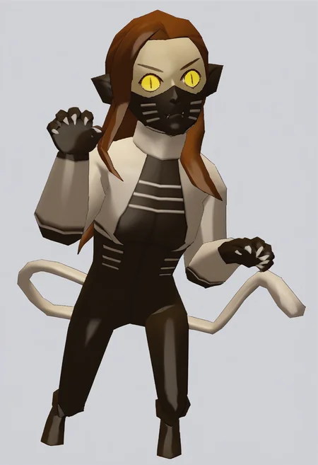 score_9, score_8_up, score_7_up, source_anime, 1girl, paw pose, <lora:zs_WindWakerStyleXL:1> windwakerstyle, 3d, full body, white background, <lora:zs_NekomataXL:1> nekomatasmt, brown hair, long hair, yellow eyes, slit eyes, cat tail, animal ears, claws, face mask, bodysuit, bolero
