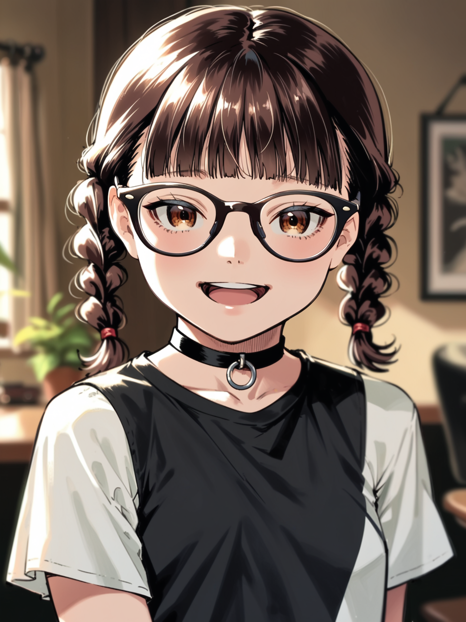 <lora:happy_tentacle-mitorinka-v0.2:1>, ht_mitorinka, glasses, small breasts, brown hair, brown eyes , smile, open mouth, indoors, goth fashion, black clothes, eyeliner, layered clothes, choker cowboy shot, 1girl, (petite:1.2), solo focus, (looking at viewer:1.1), sidelighting, (depth of field:0.8), , [(realistic, photorealistic:1.2):(realistic:1.2):22], [(3d:1.2)::12], <lora:LUUNA's Lunas-NijiJourney-SDXL-B2:0.5>, nijijourney, <lora:prgfrg23's Counterfeit-V3.0 Style SDXL_LoRA_Pony Diffusion V6 XL:0.35>, <lora:Shed_The_Skin's StS_age_slider_v1_initial_release:-1>, score_9, score_8_up, score_7_up, score_6_up, score_5_up, score_4_up