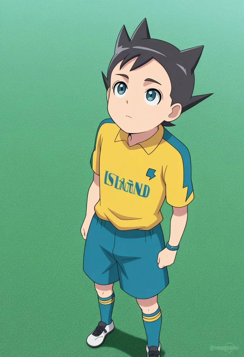 masterpiece,best quality,amazing quality, source_anime,
InamoriAsuto, 1boy, male focus, solo, green eyes, black hair, spiked hair, inakumi soccer uniform, shirt, yellow shirt, short sleeves, bracelet, shorts, aqua shorts, socks, aqua socks, shoes, sneakers, looking up, from above, outdoor,