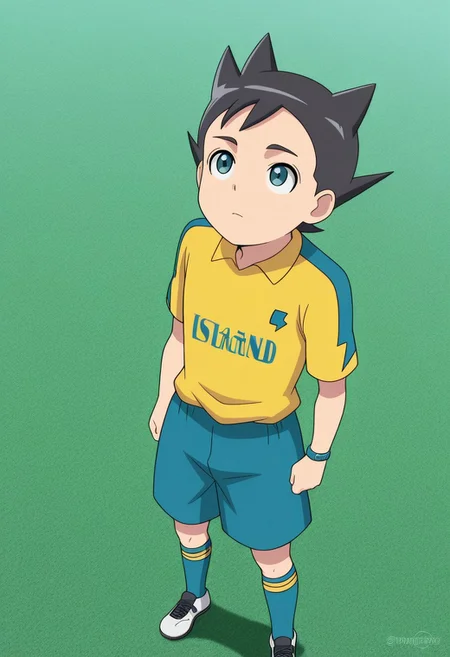 masterpiece,best quality,amazing quality, source_anime,
InamoriAsuto, 1boy, male focus, solo, green eyes, black hair, spiked hair, inakumi soccer uniform, shirt, yellow shirt, short sleeves, bracelet, shorts, aqua shorts, socks, aqua socks, shoes, sneakers, looking up, from above, outdoor,