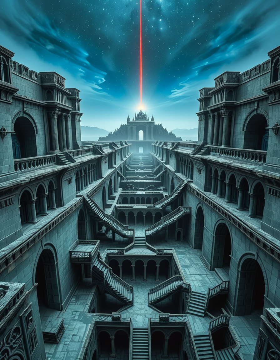 A vast, nightmarish labyrinth stretching endlessly into the horizon, its architecture a fusion of brutalist and gothic styles. The towering stone walls are cold, weathered, and adorned with eerie, ancient carvings. Deep chasms divide the labyrinth, revealing endless layers of arches and staircases that descend into an abyss of darkness. The atmosphere is thick with an unsettling silence, broken only by distant whispers and echoes of unseen entities.
A strange, ominous red beam pierces the sky from a distant point at the horizon, casting an eerie glow over the surreal landscape. The sky above is an unnatural, deep blue, devoid of stars, shrouded in a thick, ominous haze. Shadows stretch unnaturally long, twisting and shifting as if alive.
The entire scene evokes a sense of isolation and dread, as if trapped in an inescapable nightmare. The labyrinthâs geometry seems almost impossible, defying logic with staircases leading to nowhere and corridors looping endlessly. A place where time feels distorted, and reality itself is uncertain.
Style & Mood:
    Dark surrealism, Lovecraftian horror
    Cinematic, high-detail, eerie lighting
    Atmospheric perspective, emphasizing scale and depth
    Inspired by the works of ZdzisÅaw BeksiÅski and H.R. Giger
<lora:SDXLFaeTastic2400:0.4> <lora:extremely_detailed:0.4> extremely detailed, <lora:nightmarish_l4byr1nth:1>,nightmarish l4byr1nth, Masterpiece,best quality,hi res,8k,hi res,8k,award winning,(sharp focus, intricate, highly detailed),