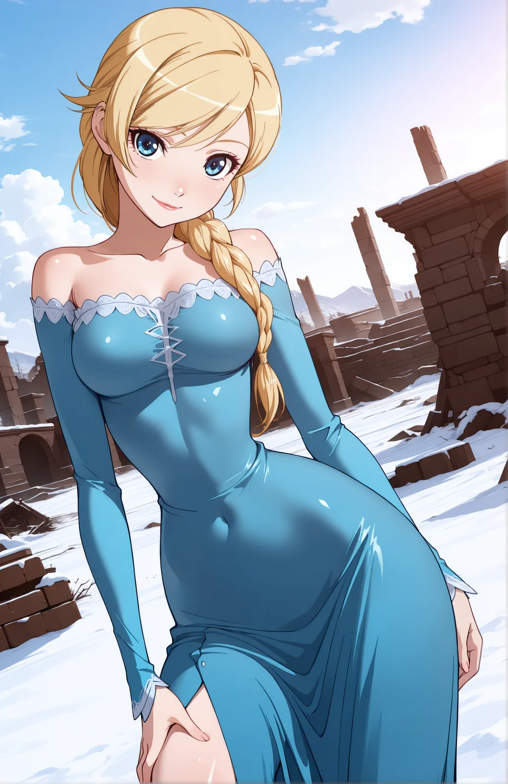 Kizustyle, 1girl, medium breasts, narrow waist, wide hips, blonde hair, blue eyes, single braid, hair over shoulder, blue dress, bare shoulders, long sleeves, long skirt, light smile, dutch angle, naughty pose, looking at viewer, snow, ruins, sky, clouds, daylight, portrait, dynamic pose, cowboy shot, head tilt, v, one hand on knee
