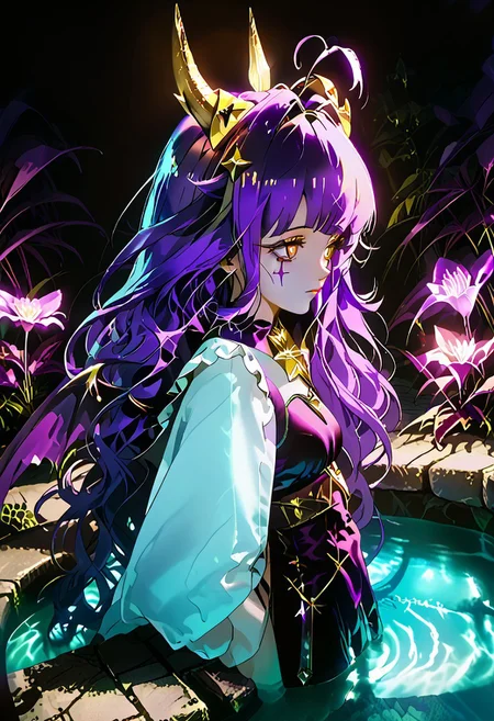 masterpiece,best quality,amazing quality,very aesthetic,absurdres,newest,scenery,light and shadows by reij-shdwgms,
1girl,solo,MagiaBaiser_Full, long hair, glow yellow eyes, ahoge, purple hair, small breasts, facial mark, demon girl, magical girl, demon wings, sharp fingernails, low wings, star-shaped pupils, heart ahoge, yellow horns, lowleg pants,large breasts,((caustics)),dutch angle,(((crack of light))),from side,full body,dynamic poses,submerged,look up,bright eyes,golwing blue,dark background,night