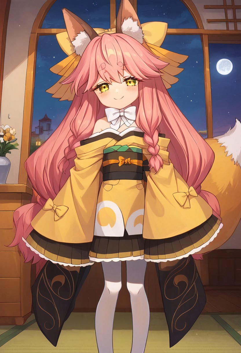 score_9, score_8_up, score_7_up, source_anime, prefect lighting, very aesthetic, intricate details, highly detailed background, masterpiece, high quality, prefect hands, best quality, 1girl, (shortstack:0.8), solo, <lora:aria.pony:1>, aria, pink hair, long hair, braid, yellow eyes, animal ear fluff, fox ears, fox tail, yellow hair bow, small breasts, yellow kimono, japanese clothes, long sleeves, sleeves past wrists, wide sleeves, white bow, bare shoulders, white pantyhose, obi, ribbon, white footwear, gentle smile, blush, indoors, house, bedroom, night, night sky, looking at viewer, pov
