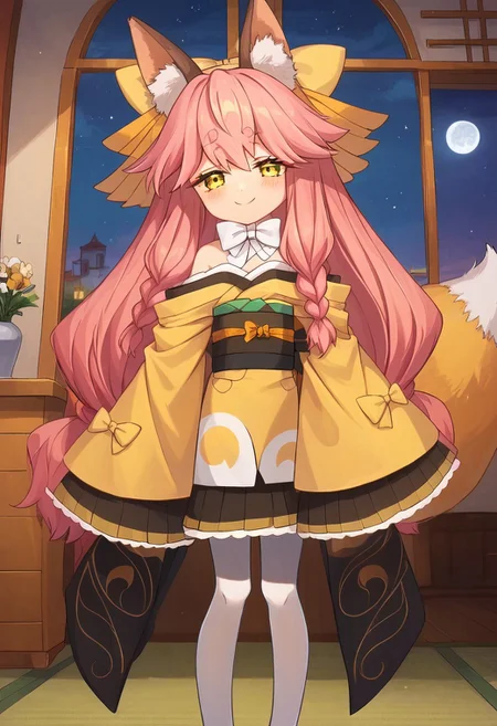 score_9, score_8_up, score_7_up, source_anime, prefect lighting, very aesthetic, intricate details, highly detailed background, masterpiece, high quality, prefect hands, best quality, 1girl, (shortstack:0.8), solo, <lora:aria.pony:1>, aria, pink hair, long hair, braid, yellow eyes, animal ear fluff, fox ears, fox tail, yellow hair bow, small breasts, yellow kimono, japanese clothes, long sleeves, sleeves past wrists, wide sleeves, white bow, bare shoulders, white pantyhose, obi, ribbon, white footwear, gentle smile, blush, indoors, house, bedroom, night, night sky, looking at viewer, pov