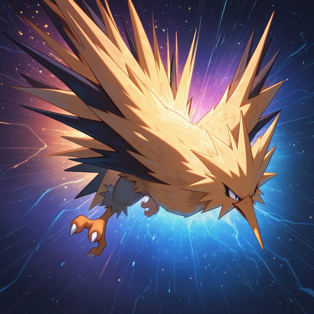 vibrant, detailed, detailed background, amazing_quality, colorful, masterpiece, <lora:zapdos-illus-14:1> pzapb, pokemon_(creature), bird, 1other, dynamic pose, dynamic angle,