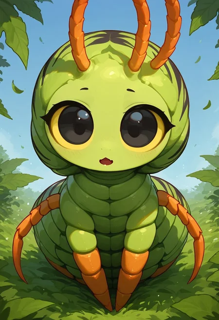score_9, score_8_up, score_7_up, score_6_up, score_5_up, score_4_up, Expressiveh, (feral insect girl, feral caterpillar girl:1.2), full body shot, rearing up, perky breasts, green caterpillar, open mouth, cute, petite, (arms down at sides), single orange horn, (two-pronged horn), green body, leaves, looking at viewer, ((crawling, slithering, many legs:1.2), big bulbous head, long body, centipede legs:1.3), black eyes, (dilated eyes), yellow sclera, big eyes, outdoors, blue sky, sunny day, black stripes, dutch angle, diagonal view