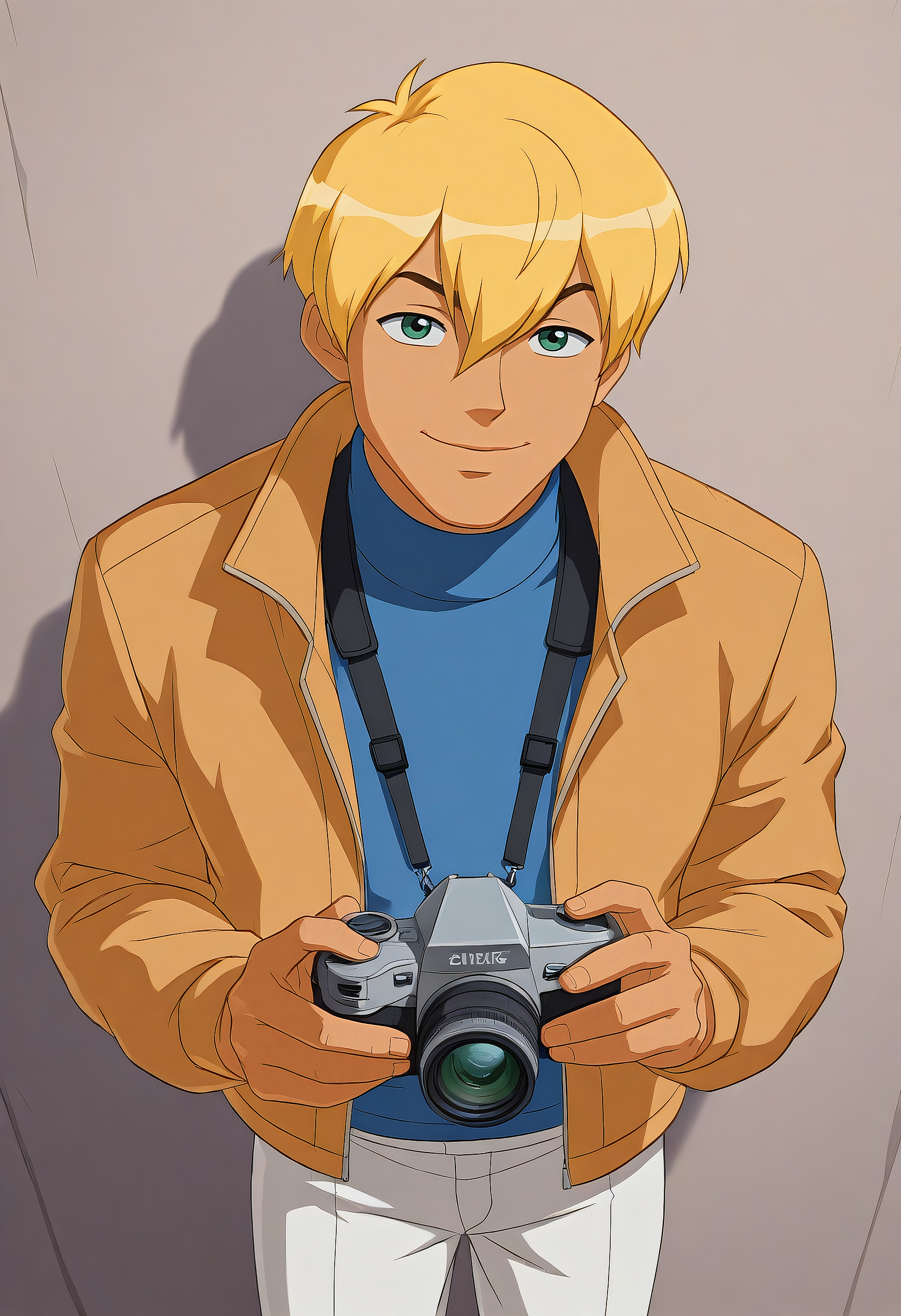 embedding:Illustrious\Positive\IllustriousQual, embedding:Illustrious\Positive\IllusP0s, kylekatz_ts!, 1boy, male focus, blonde hair, green eyes, light tanned skin, blue turtleneck, tan jacket, white trousers, camera, determine smile, look at viewer, best quality, high resolution, masterpiece.