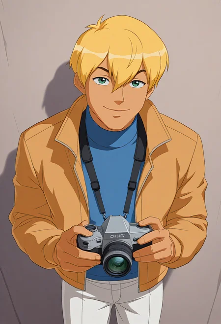 embedding:Illustrious\Positive\IllustriousQual, embedding:Illustrious\Positive\IllusP0s, kylekatz_ts!, 1boy, male focus, blonde hair, green eyes, light tanned skin, blue turtleneck, tan jacket, white trousers, camera, determine smile, look at viewer, best quality, high resolution, masterpiece.