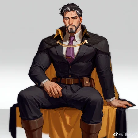<lora:Matheo_(IL):.7> Matheo, short hair, greying black hair, white streaks, brown eyes, facial hair, beard, mature male, cape, black jacket, white shirt, purple necktie, belt, pouch, black pants, brown boots, sitting,
(very short hair, beard, bara, mature, facial hair, stubble, beard, full beard, sideburn, beard, a lot of beard, ), facial hair,male focus, muscular male, muscular male, bara, mature, bara, mature, aixiwuganda_(20222192), very awa, masterpiece, best quality, absurdres, newest, perfect quality, detailed background, intricate details,
<lora:slider_Body Type_alpha1.0_rank4_noxattn_last:3><lora:style_Anime Summer Days 2 Style SDXL_LoRA_Pony Diffusion V6 XL:.6><lora:slider_cfg_scale_boost:.7><lora:face_Artist6p-10:.55>, Artist6p, Artist04p,<lora:slider_il_brightness_slider_d1:-1><lora:slider_il_contrast_slider_d1:-1><lora:slider_DarkSlider1.2_alpha1.0_rank16_full_300steps:-.6>