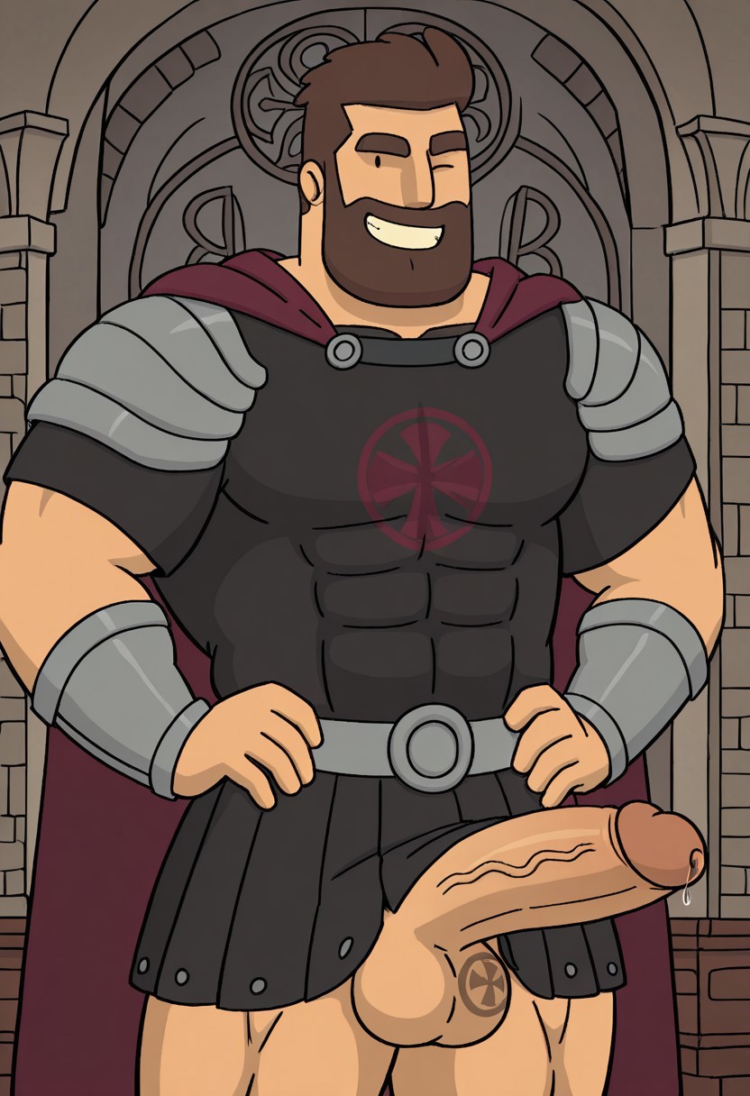 detailed background, detailed background, masterpiece, perfect quality, best quality, detailed, newest, very aesthetic, GrantRMA, black dot eyes, facial hair, short hair, bara, solo, beard, brown hair, 1boy, male focus, castle interior background, pectorals, abs, muscular, smile, looking at viewer armor, maroon cape, black tunic, black kilt, (((one eye open, winking, girthy penis, erect,))) balls, precum, hands on hips