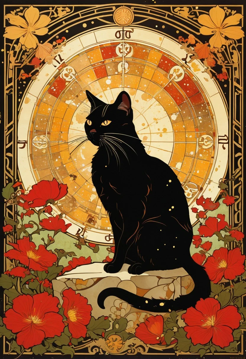 in Alphonse Mucha poster style|
masterpiece|
Black American domestic cat|
against a composition |
art nouveau, organic, flowery background|
small dancing playful mice in the background|
lithography, muted colors|
DOWDOW (in the style of Frank Frazetta painting) Dean Cornwell, design, 1970s, Russian Constructivist style, double exposure, volumetric lighting, expressive, ancient starchart, ink spattered background, warm colors, space, art deco, splatter, Japanese Woodblock print, planar rectilinear shapes, extreme energy, dynamic posing, Dutch angle, black, Crimson<lora:xl_more_art-full_v1:0.3>