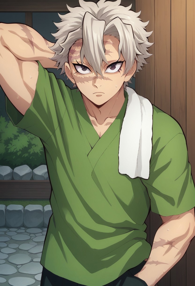 score_9, score_8_up, score_7_up, source_anime, highly detailed, 
sanemi, 1boy, male focus, solo, shorts, shirt, towel, scar, upper body, looking at viewer, green shirt, arm behind head, scar on face, grey hair, scar on forehead, standing, black shorts, short sleeves, hand in pocket, towel around neck, short hair, arm up, hair between eyes,
indoor, japan, traditional,