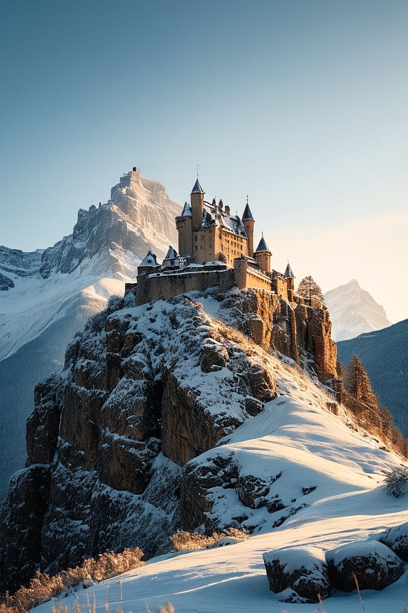 (((a snow-covered mountain range, with a castle perched on a rocky outcrop.))), Soft Beige, Cozy Comfort: warm lighting, beige tones, soft focus, cozy ambiance, comforting elements, gentle textures, tranquil look, cozy atmosphere, comforting aesthetics, capturing emotions, serene scenes, artistic feel, storytelling through textures, professional technique, gentle light manipulation, cozy concept, comforting styling, tranquil environment, surreal aesthetics, captivating narratives, intricate details, cozy landscape, editorial storytelling, warm glows, evoking comfort, pushing creative vision <lora:add-detail-xl:2> <lora:Cosine_freck:1>