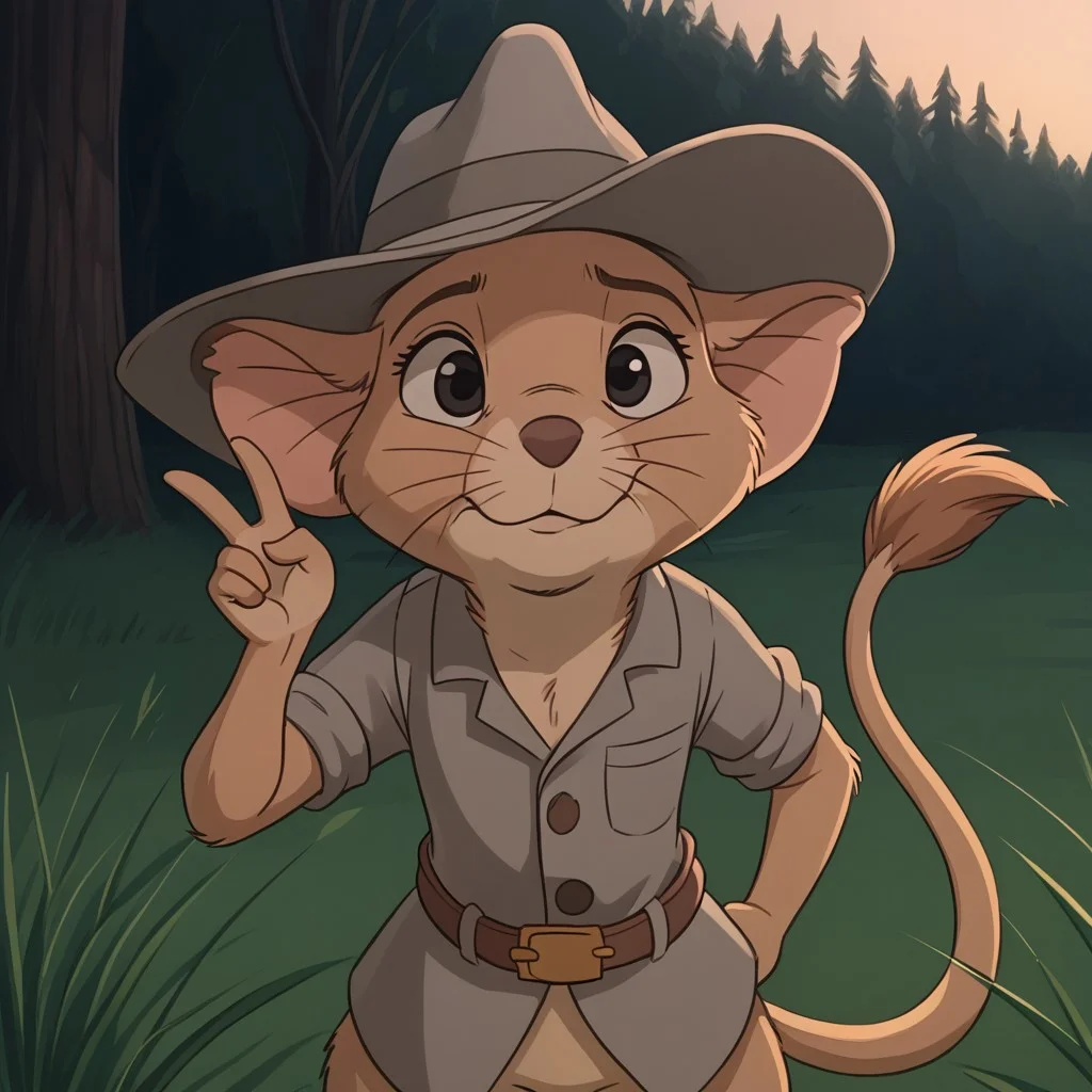 score_9, solo, score_9, jake_rdu, hat, black eyes, furry, belt, whiskers, tail, cute, v, outdoors, natural lighting