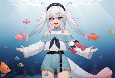 1girl, solo, Retsubol, twintails, hair ornament, long hair, white hair, multicolored hair, hairclip, bangs, gradient hair, pink hair, black headwear,
blue eyes, heterochromia, pink eyes,
bare shoulders, off shoulder, long sleeves, white shirt, blue shorts, black belt, belt buckle,
single thighhigh, asymmetrical legwear, tail,
spread arms, aquarium, looking at viewer, smile, open mouth, from side, legs apart, outstretched arms