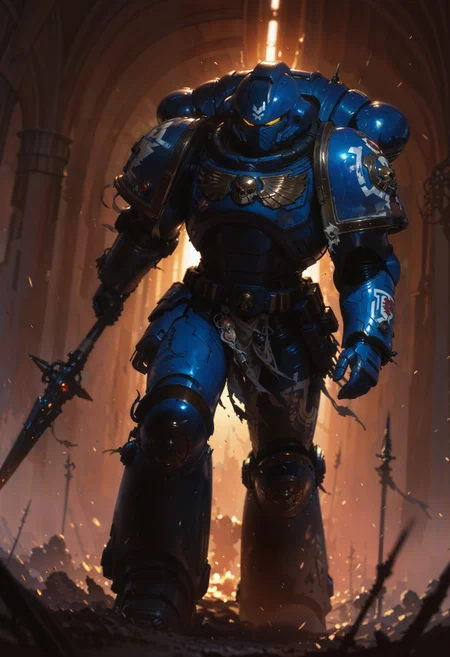 masterpiece, best quality, good quality, newest, highres, absurdres, volumetric lighting,gradient color,
BREAK
raytracing, volumetric lighting, ambient occlusion, background, masterpiece, best quality, very awa, absurdres,
BREAK
UltraM40k, 1boy, solo, detailed helmet, power armor,
BREAK
masterpiece,amazing quality,best quality,ultra-detailed,8K,illustration,CG,clear skin,ultra-detailed-eyes, background,
BREAK,
holding a spear, in a battlefield
<lora:DetailedEyes_V3:1> <lora:USNR STYLE_XL_loha:0.45> <lora:GBF_Illustrious:0.4> <lora:NOOB_vp1_detailer_by_volnovik_v1:0.3> <lora:MGE_V5.2_IL:0.6> <lora:ponyv6_noobE11_2_adamW:0.5> <lora:noobai_vpred_1_masterpieces_v1:1> <lora:748cmXLillokrV5311P:0.6> <lora:ILLUltraM40k:1>