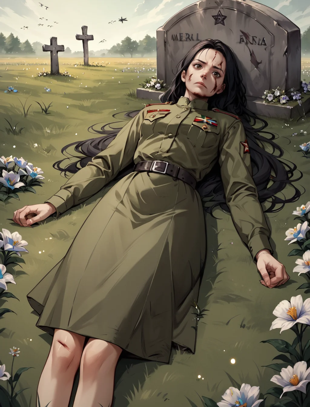 score_9, score_8_up, score_7_up, source_anime BREAK 1girl, young, solo,undead,lying on a field of radeseed, flowers,tombstone, emotionless,holding sword,Soviet Military uniform,skirt,glowing flowers, firefly, bloody, black long hair, scars, a sword stuck in her body, wounded,from below, ((CONSUMED BY FLOWERS)), <lora:Soviet_Military_Uniform-000009:0.6>