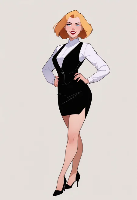 masterpiece, best quality, very aesthetic, absurdres,
1girl, agentl, blonde hair, short hair, blue eyes, red lips,
black vest, white shirt, black skirt, high heels,
hands on hips, full body,
smile, looking at viewer, solo, (simple background, white background:1.3),     <lora:AgentLNoobXL_byKonan:1>