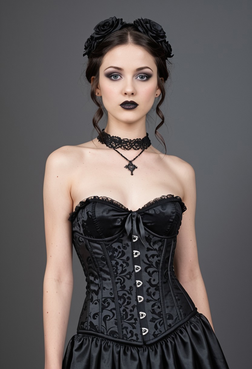 score_9, score_8_up, score_7_up, BREAK,
Victorian Gothic Romance, gothic, victorian, 1890 cloth, Gothic Romance 1890s, corset, solo, breasts, black hair, dress, bare shoulders, Goth girl, jewelry, medium breasts, standing, necklace, strapless, makeup, lipstick, pale skin, black lips, vampire, Gothic girl