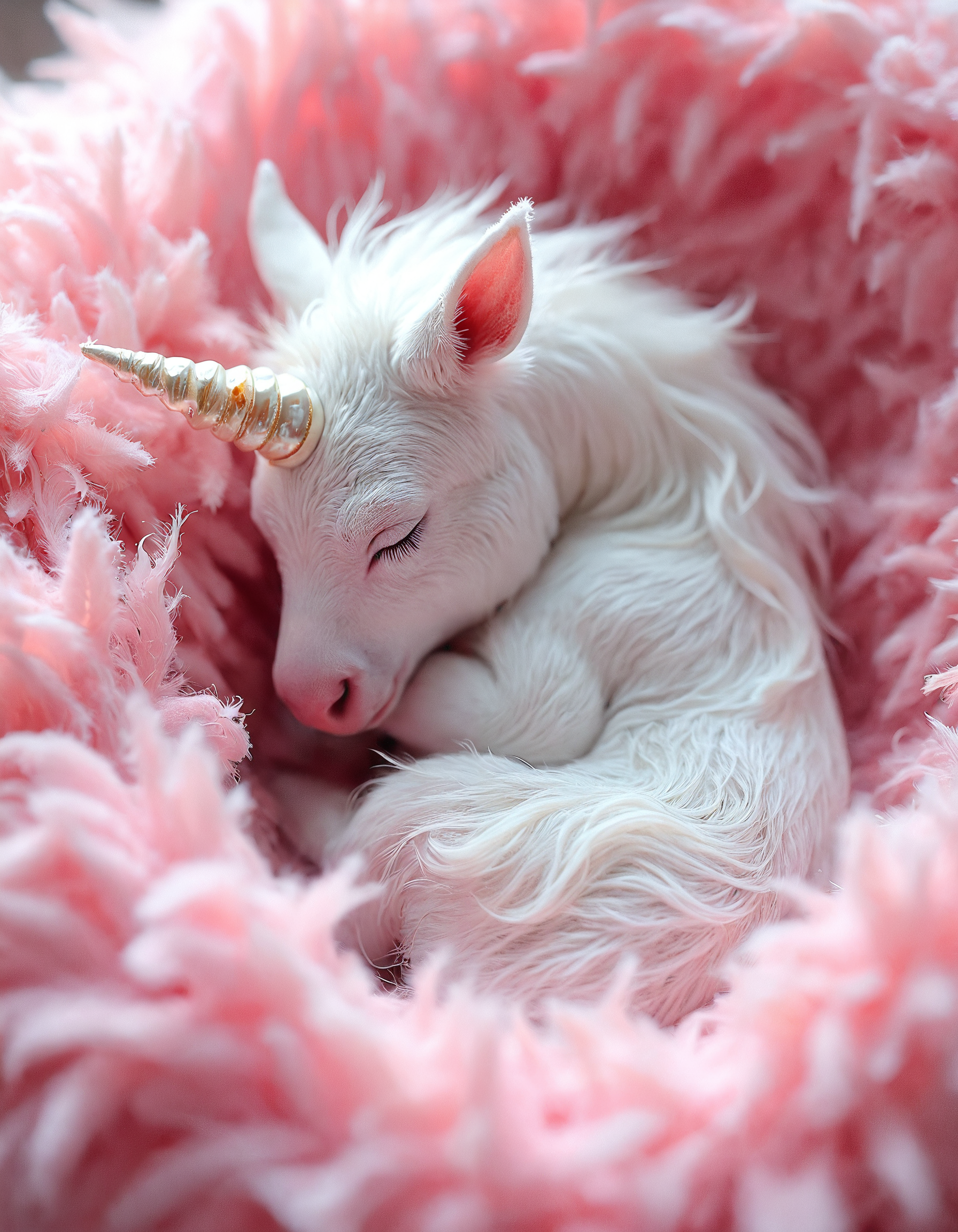 Hyper-realistic close-up photograph of a newborn white unicorn foal sleeping peacefully on a bed of luxurious, cotton candy pink faux fur. The unicorn's coat is a pristine, snow-white color with a silky, fine texture visible in exquisite detail. Its spiral horn, resembling polished pearl, protrudes delicately from its forehead, catching soft highlights. The foal's eyes are gently closed, its long eyelashes resting against its cheeks, and its petite pink nose is slightly wrinkled in sleep. Its mane and tail are wispy and ethereal, blending seamlessly with the surrounding fur. The unicorn is curled up in a fetal position, its slender legs tucked beneath its body. The pink fur bed envelops the creature in a sea of fluffy, feather-like strands, each individual fiber distinct and creating a swirling, nest-like pattern. Soft, diffused lighting bathes the scene, enhancing the dreamy atmosphere and the contrast between the unicorn's white coat and the pink fur. The image captures an impossible moment of magic and innocence with startling photographic realism.