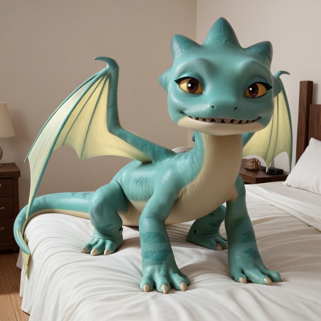 score_9, score_8_up, score_7_up, score_6_up, score_5_up, score_4_up, masterpiece, high quality, realistic, detailed, best quality, white bed, solo, rating_safe, source_furry, bedroom, smiling, seductive, looking at viewer, on bed, full body, summer_rr, dragon, teal scales, wings, tail, webbed feet, female, 1girl, yellow sclera, black pupils
