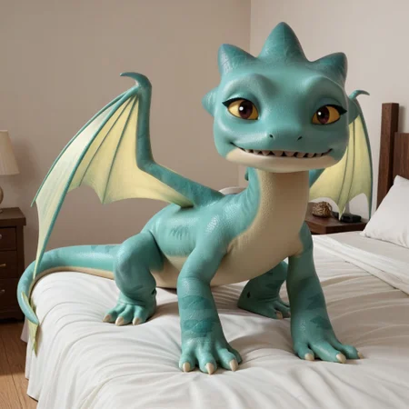 score_9, score_8_up, score_7_up, score_6_up, score_5_up, score_4_up, masterpiece, high quality, realistic, detailed, best quality, white bed, solo, rating_safe, source_furry, bedroom, smiling, seductive, looking at viewer, on bed, full body, summer_rr, dragon, teal scales, wings, tail, webbed feet, female, 1girl, yellow sclera, black pupils