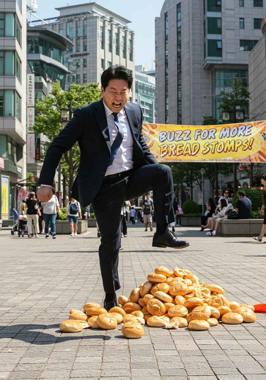 a korean business man stomp s on bread buns angrily in the middle of a city square . A banner reads ' BUZZ FOR MORE BREAD STOMPS!'