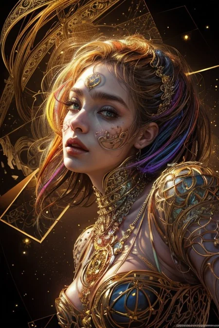 (((1girl))),(geometric abstract background:1.4), esoteric, depth of field (zentangle, mandala, tangle, entangle) (photorealistic:1.4), official art, unity 8k wallpaper, ultra detailed, beautiful and aesthetic, masterpiece,best quality, (dynamic angle:1.4), glowing skin, (floating colorful sparkles:1) the most beautiful form of chaos, elegant, a brutalist designed, vivid colours, romanticism,back to camera,