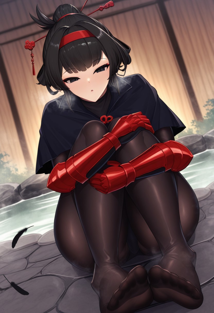 sinkai,  outdoors, undershirt, falling feathers, black bodysuit, hair stick, hugging knees, knees to chest, gauntlets, eyeshadow, red gloves, two sides up, black capelet, red hairband, black eyes, 1girl, solo, feet, visible breath, dynamic angle, foreshortening, smell, steam, onsen, water