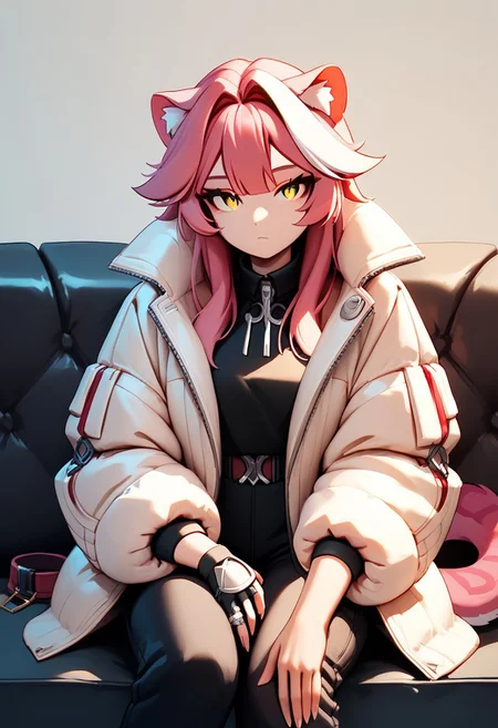 score_9, score_8_up, score_7_up, score_6_up, BREAK, cute, (RaoraPanthera, cat ears, single white streak, long hair, cat tail, yellow eyes, white extra_puffy_jacket:1.6, black pants, single glove, fingerless glove), looking at viewer, expressionless, indoors, sitting, black sofa, bored, slouched)