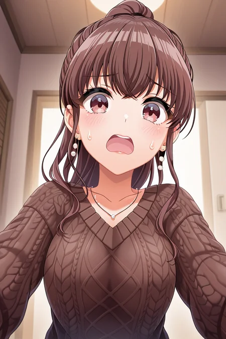 masterpiece, best quality, amazing quality,
<lora:Airi_IL:1> airi, 1girl, brown hair, jewelry, solo, earrings, sweater, open mouth, long hair, brown eyes, sweatdrop, indoors, ponytail, looking at viewer, cslsk