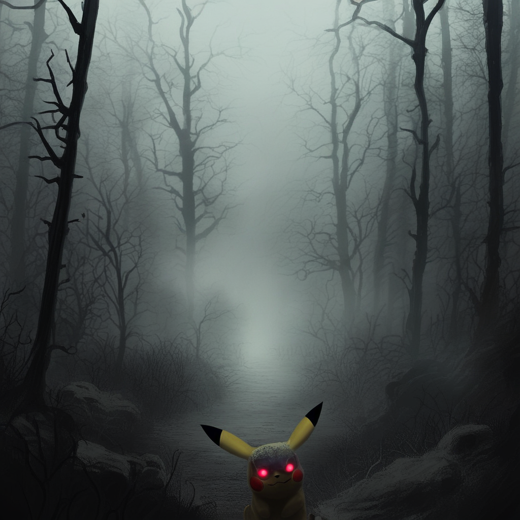 source_anime, source_game, score_9, score_7_up, CR33P1NGF0G, fog, (no humans), 1 pokemon, solo, (Pikachu), pokemon_(creature), (electricity), (tail), face hidden, partially obscured, red eyes, glowing eyes, (foggy), (haze), eerie, creepy, ominous, fog, dark, night, haze, no_humans, scenery, forest, detailed background, halloween, horror