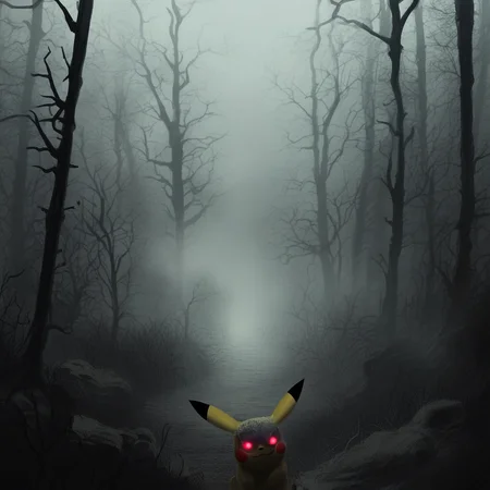 source_anime, source_game, score_9, score_7_up, CR33P1NGF0G, fog, (no humans), 1 pokemon, solo, (Pikachu), pokemon_(creature), (electricity), (tail), face hidden, partially obscured, red eyes, glowing eyes, (foggy), (haze), eerie, creepy, ominous, fog, dark, night, haze, no_humans, scenery, forest, detailed background, halloween, horror