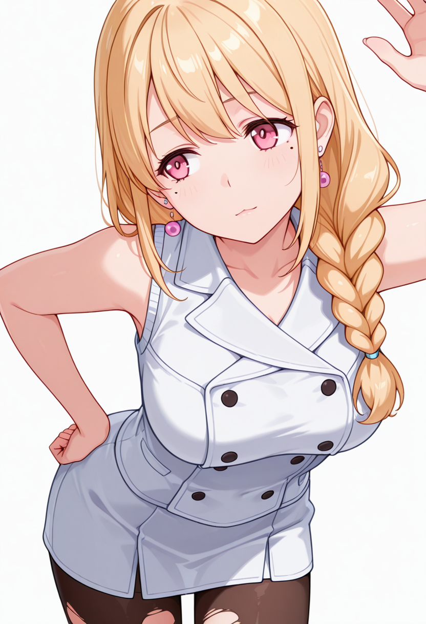 masterpiece,high quality details, absurdres,
 <lora:Yuriko:0.8>
yuriko_cnr, 1girl, blonde hair, long hair, single braid, pink eyes, mole, mole under eye,earrings,mature female,, simple background, white background, sideways,solo,, pain,light smile,, :<,, one hand on hip,bent forward at waist,one arm raised,, double-breasted,vest ,torn pantyhose,  ,var-legwear,