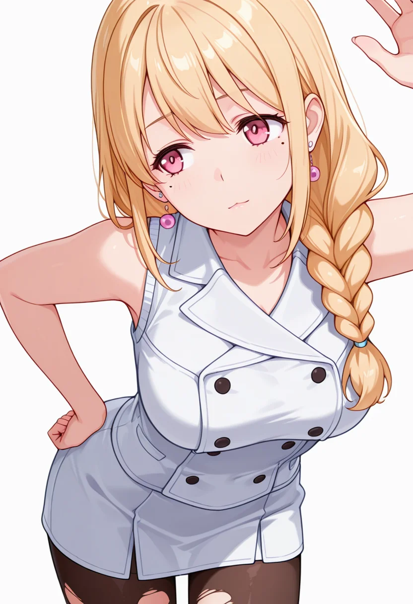 masterpiece,high quality details, absurdres,
 <lora:Yuriko:0.8>
yuriko_cnr, 1girl, blonde hair, long hair, single braid, pink eyes, mole, mole under eye,earrings,mature female,, simple background, white background, sideways,solo,, pain,light smile,, :<,, one hand on hip,bent forward at waist,one arm raised,, double-breasted,vest ,torn pantyhose,  ,var-legwear,