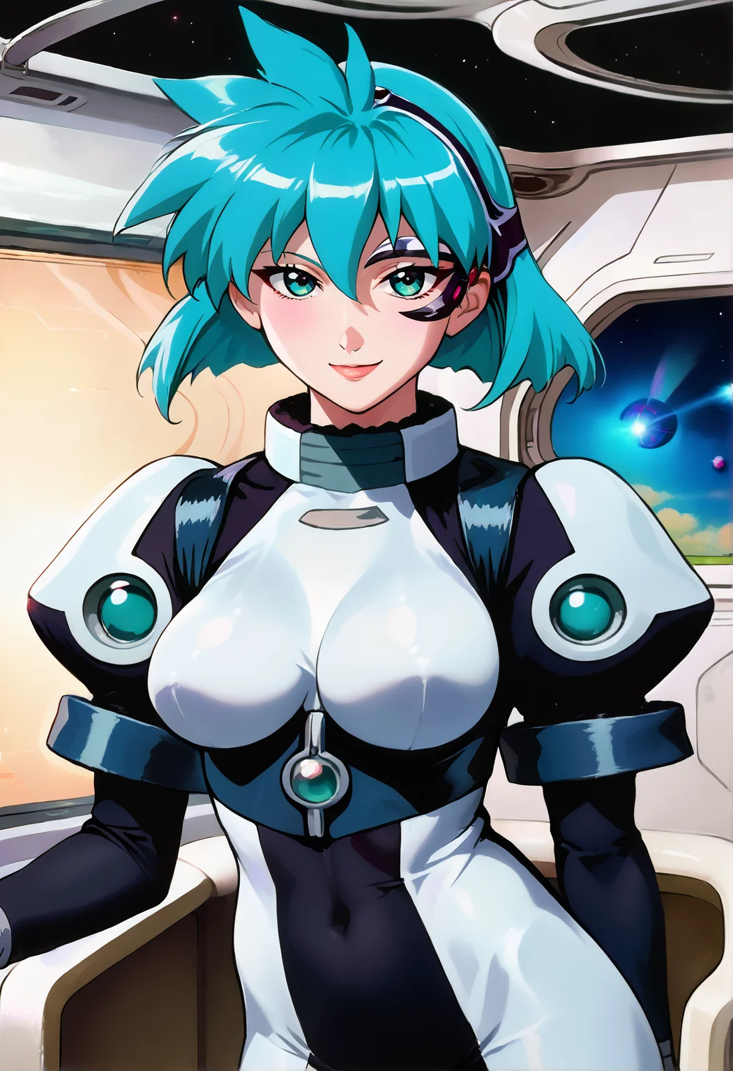 score_9_up, source_anime, meia_gisborn, norman rockwell style, 1girl, solo, long hair, breasts, looking at viewer, smile, aqua hair, turquoise eyes, eyepiece,short hair,bangs,, white gloves, bodysuit. indoors. space.
