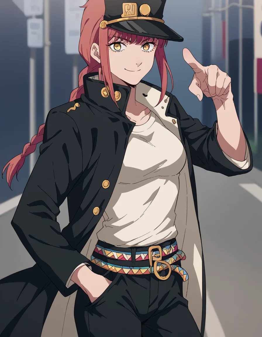 score_9, score_8_up, score_7_up, source_anime, <lora:chainsaw-man-makima-s1-ponyxl-lora-nochekaiser:1> makima, long hair, smile, bangs, yellow eyes, braid, red hair, braided ponytail, ringed eyes, medium breasts,, <lora:kujo-jotaro-cosplay-ponyxl-lora-nochekaiser:1>, kujo jotaro cosplay, kujo jotaro (cosplay), gakuran, cosplay, belt, black headwear, black jacket, black pants, high collar, multiple belts, pants, shirt,, street, jojo pose, pointing, hand in pocket, cowboy shot, looking at viewer,