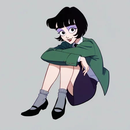 score_9, score_8_up, score_7_up BREAK LydiaDeetz, 1girl, black hair, black bob cut, blunt bangs, black eyes, red lipstick, pink eyelids, purple eyeshadow, open dark green jacket, collared gray undershirt, black tie, dark purple skirt, gray socks, black mary jane shoes, smiling at viewer, hugging legs,
